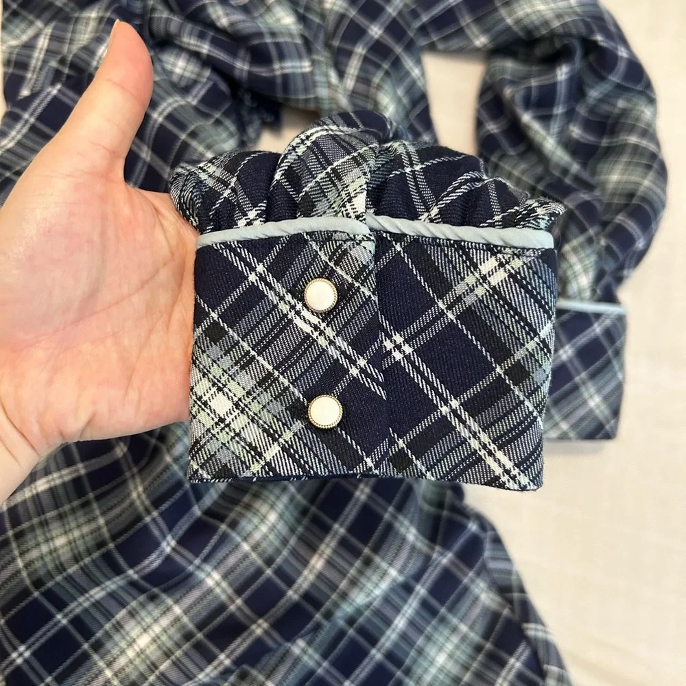 💙Vintage Cold-Shoulder Navy Plaid Midi Dress with Long Sleeves Like New size S - Picture 14 of 14